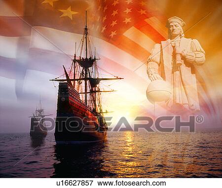 Photo montage: Christopher Columbus, American flag, sailing ships View Large Photo Image Stock Photo - Photo montage: Christopher Columbus, American flag, sailing ships. Fotosearch