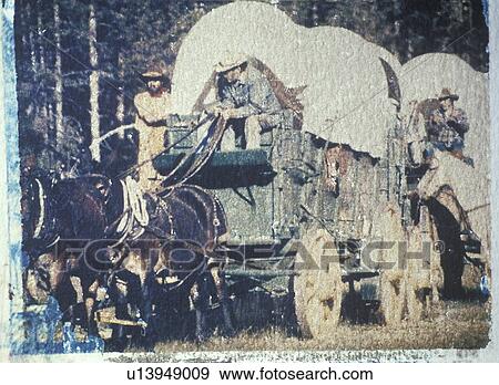Stock Photo - Polaroid transfer of Historical reenactment of wagon train. Fotosearch