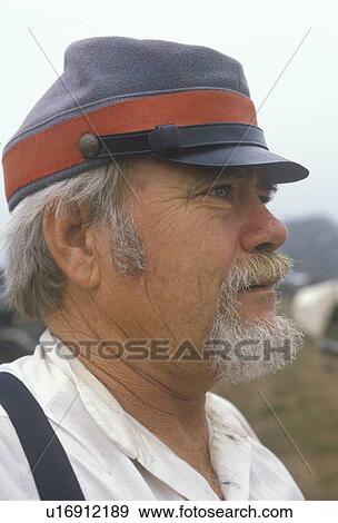 Stock Photo - Portrait of Confederate participant in camp scene during recreation of Battle of Manassas. Fotosearch