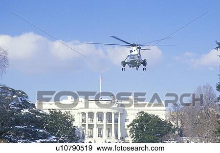 Stock Photo - President Reagan arriving at the White House in a helicopter in Washington, D. C.. Fotosearch