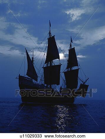 Stock Image - Replica of the ship Mayflower II. Fotosearch