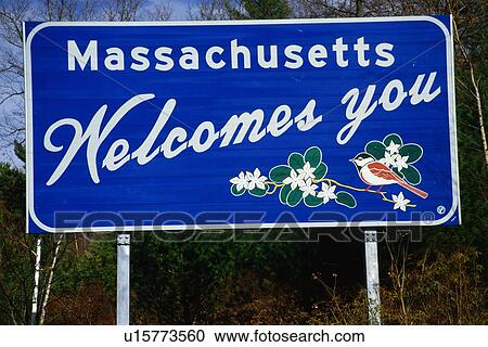 Stock Image - Road sign that says Massachusetts welcomes you. Fotosearch