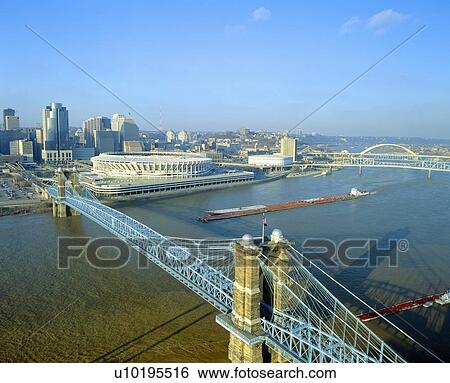 Stock Photograph - Roebling Suspension Bridge, Cincinnati, Ohio. Fotosearch