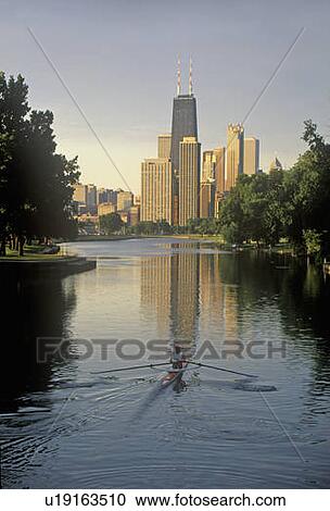 Rower on Chicago River with Skyline View Large Photo Image Stock Image - Rower on Chicago River with Skyline. Fotosearch