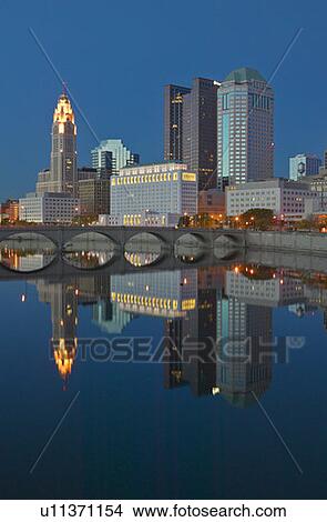 Picture - Scioto River and Columbus Ohio skyline at dusk. Fotosearch