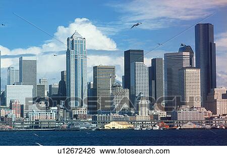 Seattle Washington skyline from Puget sound View Large Photo Image Stock Photograph - Seattle Washington skyline from Puget sound. Fotosearch