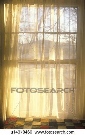 Stock Image - Sheer curtains through paned window. Fotosearch