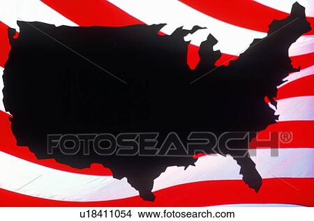 Silhouette of United States with stripes on American flag in background View Large Photo Image Picture - Silhouette of United States with stripes on American flag in background. Fotosearch