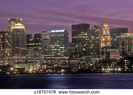 Stock Photo - Skyline At Night, Boston, Massachusetts. Fotosearch