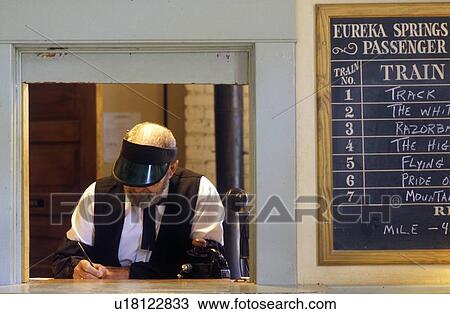Stock Image - Standard gauge steam train ticket window in the Ozarks, Eureka Springs, Arkansas. Fotosearch