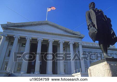 Stock Photo - Statue of Alexander Hamilton in front of the United States Department of Treasury, Washington, D. C.. Fotosearch