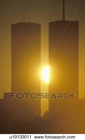 Stock Image - Sunset on World Trade towers, New York City, NY. Fotosearch