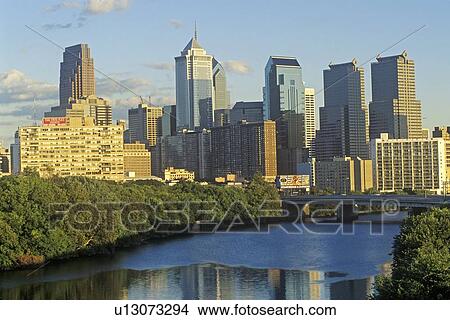 Picture - Sunset over Philadelphia skyline from the Schuylkill River, PA. Fotosearch