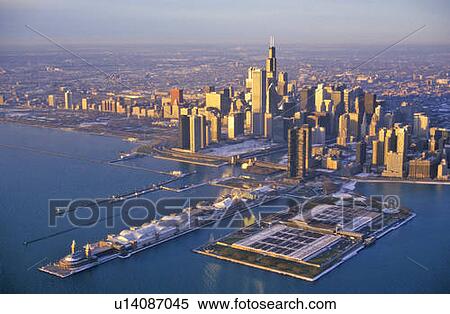 Stock Photography - The Chicago Skyline at Sunrise, Chicago, Illinois. Fotosearch