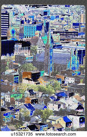 Stock Photography - This is a digitally manipulated image of congested housing in a small city. . Fotosearch