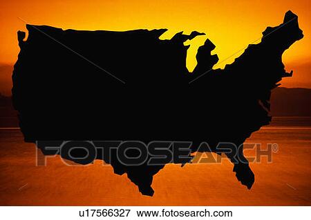 Stock Photo - This is a map of the United States, silhouetted in black against a yellowish orange background.. Fotosearch