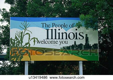 Stock Photograph - This is a road sign that says, the people of Illinois welcome you. Fotosearch