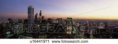 Stock Image - This is an aerial view of the skyline with the Sears Tower at sunset. Fotosearch