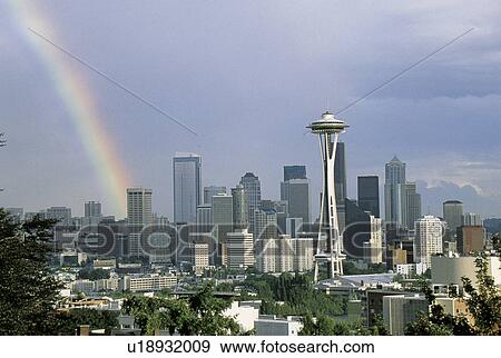 This is the skyline with the Space Needle and a rainbow View Large Photo Image Stock Photo - This is the skyline with the Space Needle and a rainbow. Fotosearch