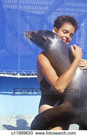 Stock Image - Trainer and Sea Lion, Magic Mountain, Los Angeles, CA. Fotosearch