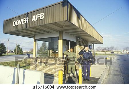 Picture - Two Soldiers Saluting at Main Gate of Dover Airforce Base, Dover, Delaware. Fotosearch