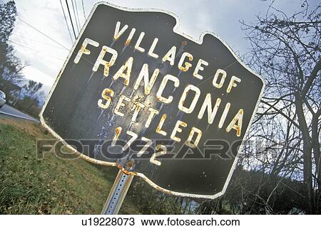 Stock Image - Village of Franconia sign, NH, settled in 1792. Fotosearch