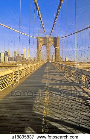 Stock Photo - Walkway on Brooklyn Bridge on way to Manhattan, New York City, NY. Fotosearch