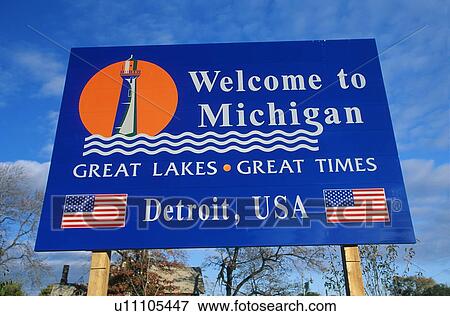Welcome to Michigan Sign View Large Photo Image Stock Photo - Welcome to Michigan Sign. Fotosearch