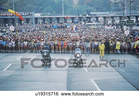 Stock Photograph - Women's starting line at NY City Marathon, NY. Fotosearch