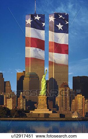 Stock Image - World Trade Center with American flag superimposed. Fotosearch