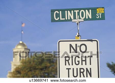 A sign that reads “Clinton Street, no right turn” View Large Photo Image Stock Image - A sign that reads “Clinton Street, no right turn”. Fotosearch