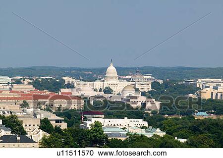 Stock Image - Aerial view of US Capitol from Rosslyn Virginia, Washington D. C.. Fotosearch