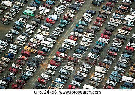 Stock Image - Aerial view of wrecked cars in Charlotte, North Carolina. Fotosearch