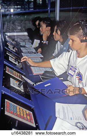 Stock Image - Children at educational Space Shuttle display at Space Camp. Fotosearch
