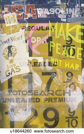 Stock Image - Collage of gasoline prices and protest signs. Fotosearch
