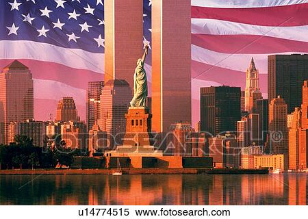 Digital composite: New York skyline, American flag, World Trade Center, Statue of Liberty View Large Photo Image Stock Photography - Digital composite: New York skyline, American flag, World Trade Center, Statue of Liberty. Fotosearch