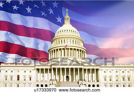 Stock Image - Digital composite: U. S. Capitol with American flag. Fotosearch