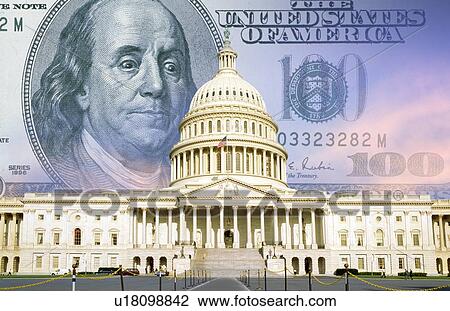 Stock Image - Digital composite: U. S. Capitol with One hundred dollar bill. Fotosearch