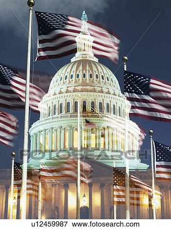 Stock Photo - Digital composite: U. S. Capitol with American flag. Fotosearch