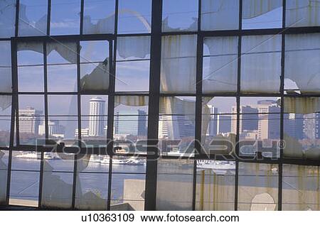 Stock Photo - Downtown St. Louis through broken glass. Fotosearch