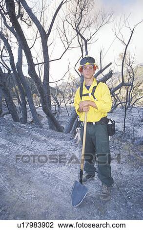 Forest fire fighter holding shovel View Large Photo Image Stock Image - Forest fire fighter holding shovel. Fotosearch