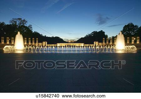Fountains at the U. S. World War II Memorial commemorating World War II in Washington D. C. at dusk View Large Photo Image Stock Image - Fountains at the U. S. World War II Memorial commemorating World War II in Washington D. C. at dusk. Fotosearch