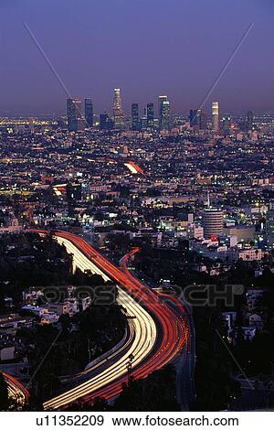 Stock Photo - Hollywood Freeway and skyline at dusk. Fotosearch