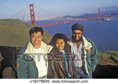 Stock Photography - Malaysian tourists posing in front of Golden Gate Bridge. Fotosearch