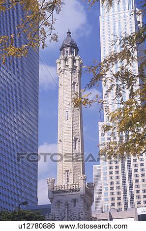 Stock Photograph - Old 1869 Chicago Water Tower on Michigan Avenue, Chicago, IL. Fotosearch