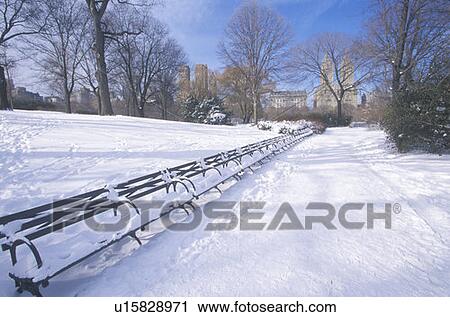 Stock Image - Park benches with snow in Central Park. Fotosearch