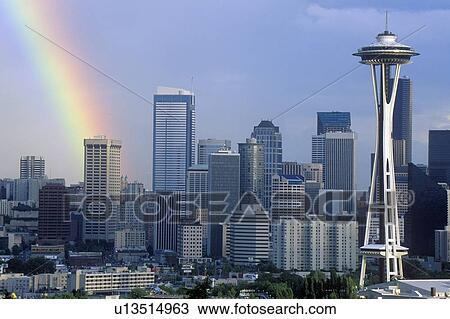 Rainbow over Seattle, WA skyline with Space Needle View Large Photo Image Stock Image - Rainbow over Seattle, WA skyline with Space Needle. Fotosearch