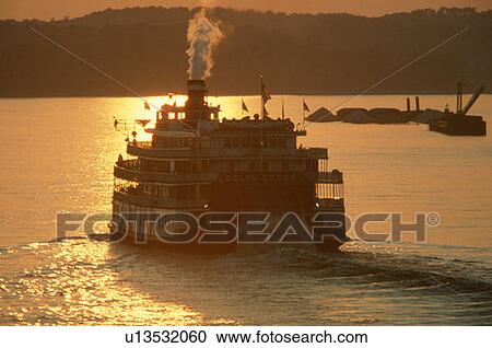 Rear view of The Delta Miss Queen steamboat on the Mississippi River at sunset View Large Photo Image Stock Image - Rear view of The Delta Miss Queen steamboat on the Mississippi River at sunset. Fotosearch