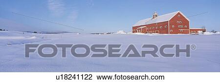 Stock Image - Red Barn in snow. Fotosearch