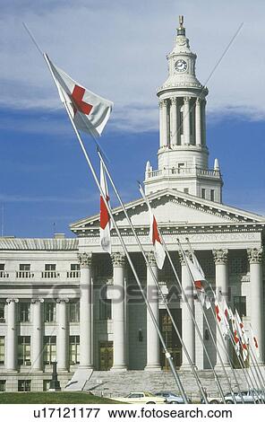 Red Cross flags flying at County Building, Denver, Colorado View Large Photo Image Stock Photo - Red Cross flags flying at County Building, Denver, Colorado. Fotosearch
